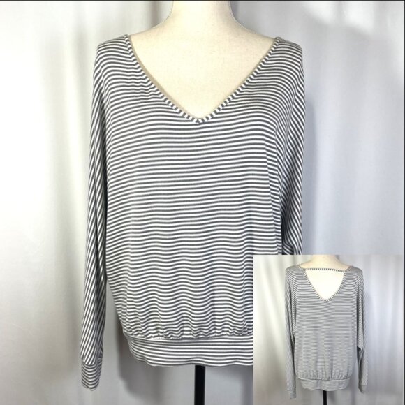 Eberjey French Terry Top Size Large Striped White Gray Dolman Long Sleeves - Picture 1 of 11